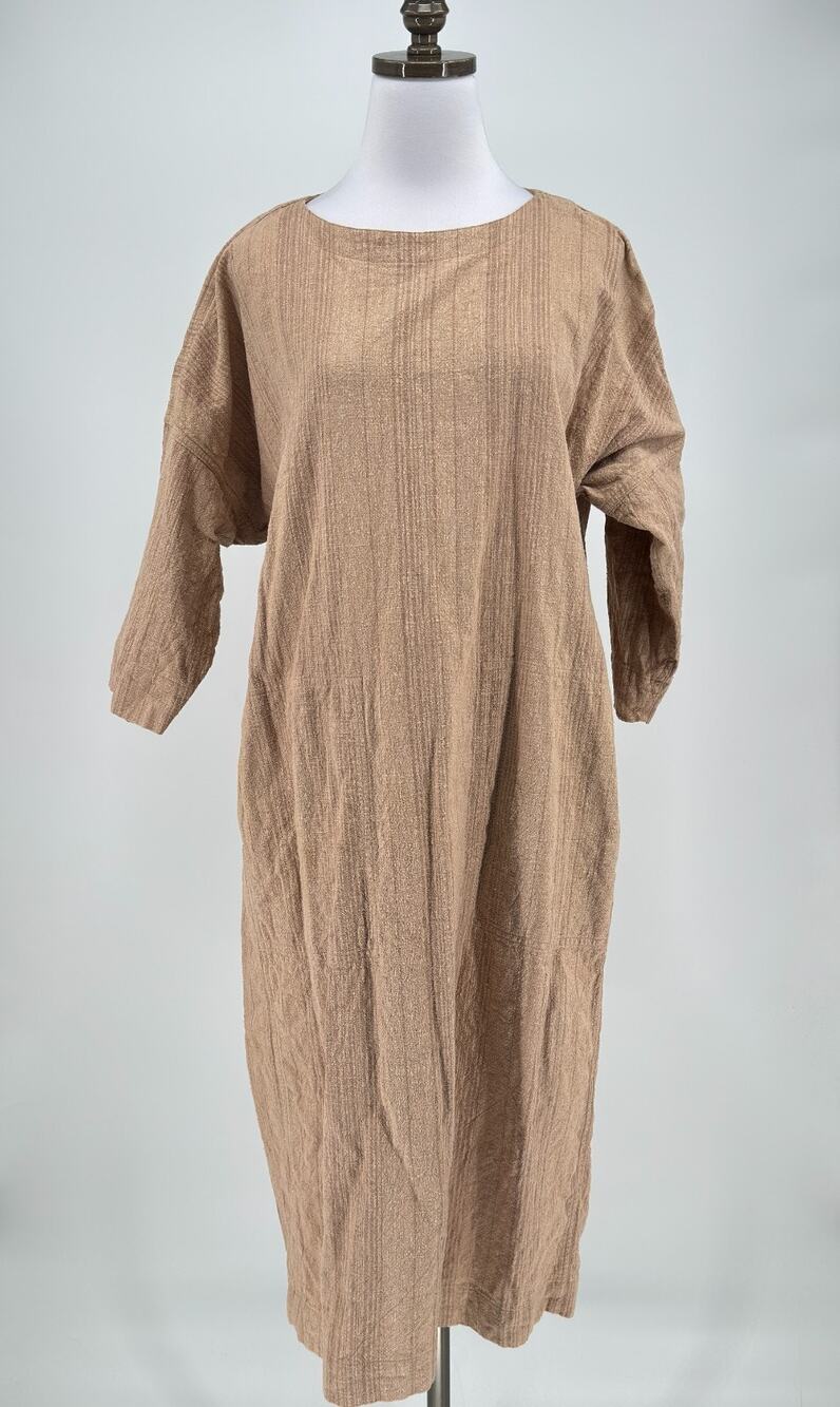 Vintage 80s Issey Miyake Plantation Taupe Woven Cotton Midi Dress Sz S